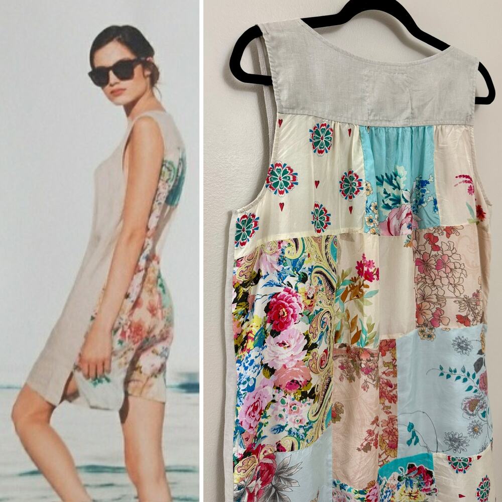 Johnny Was Bohemian Lagenlook‎ 100% Linen Silk Patchwork Scarf Shift Dress M